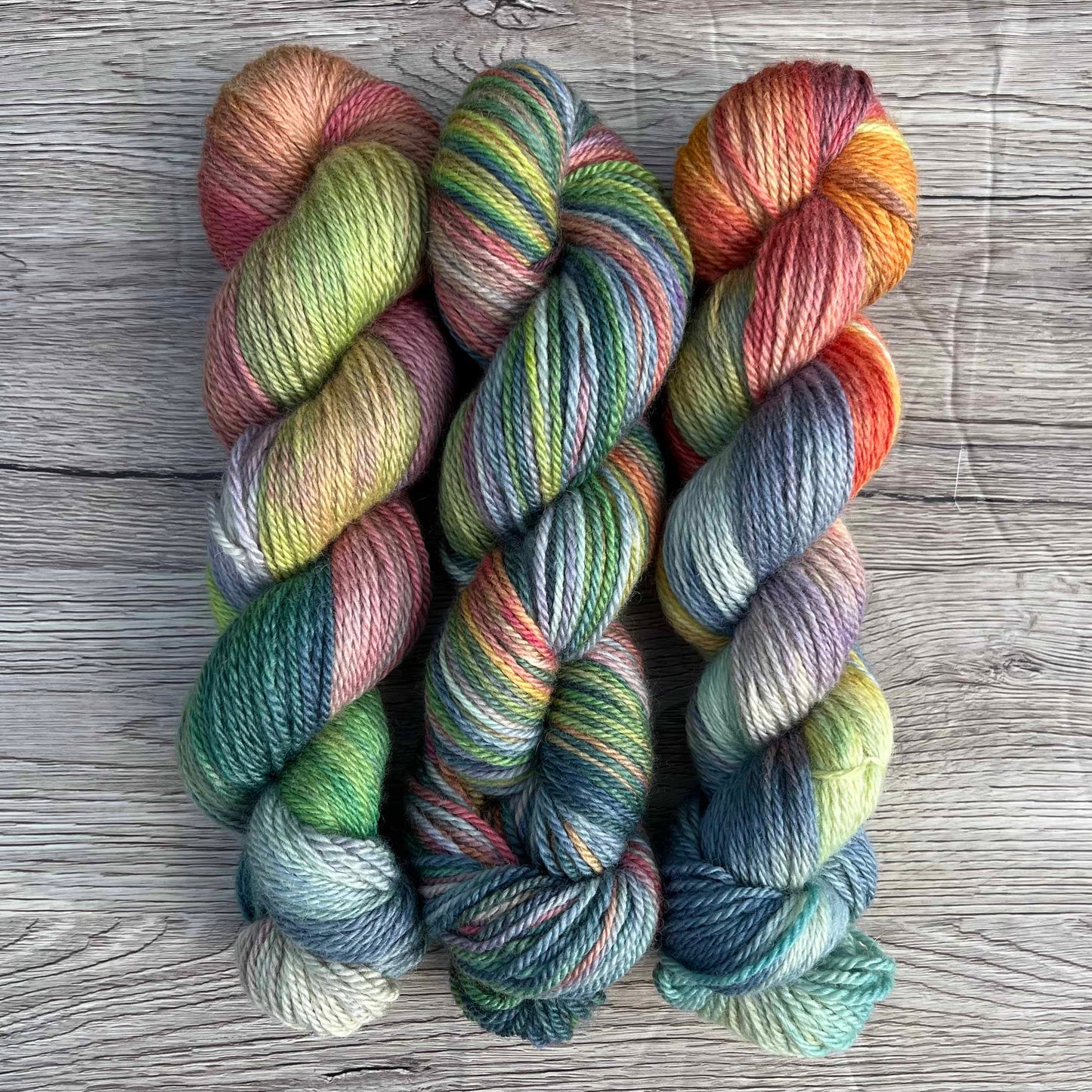 Three skeins of muted rainbow yarn.